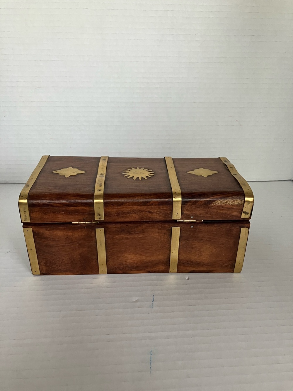 Vintage Wood and Brass Decorative Treasure Box - Sun Motif 8x4x3.5” India‎ - Picture 5 of 13